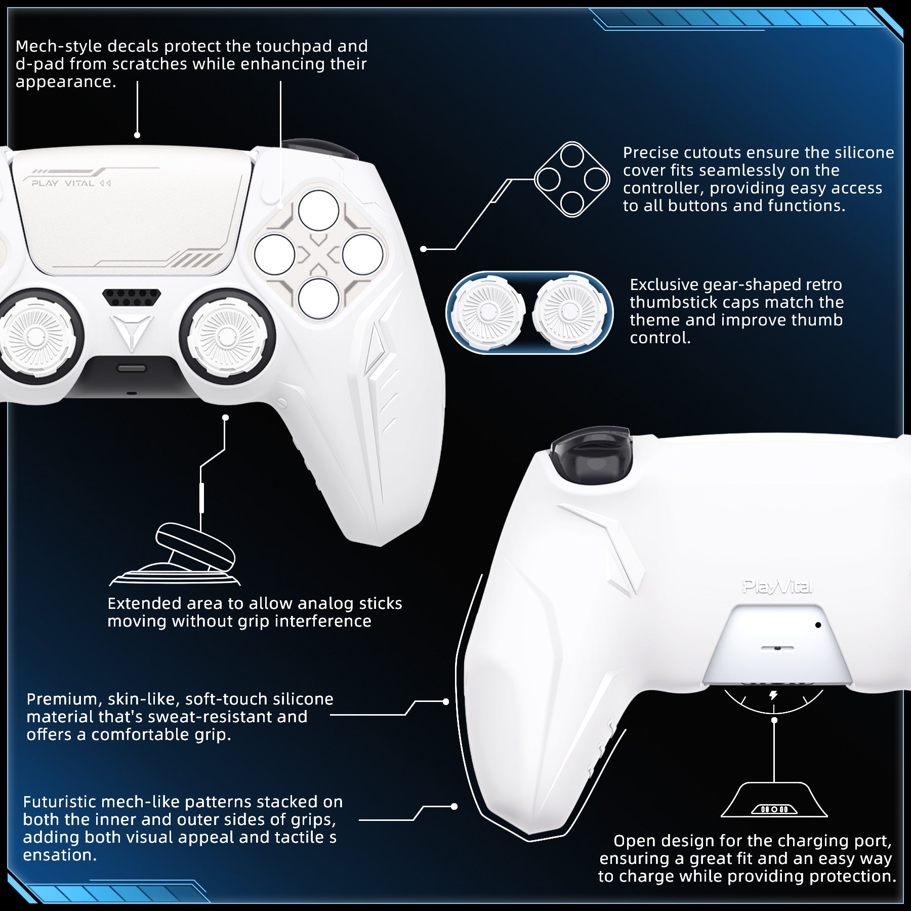PlayVital Futuristic CyberMech Design Silicone Grip Skin with Thumb Grips for PS5 Wireless Controller, Compatible with PS5 Official Charging Dock - White PlayVital
