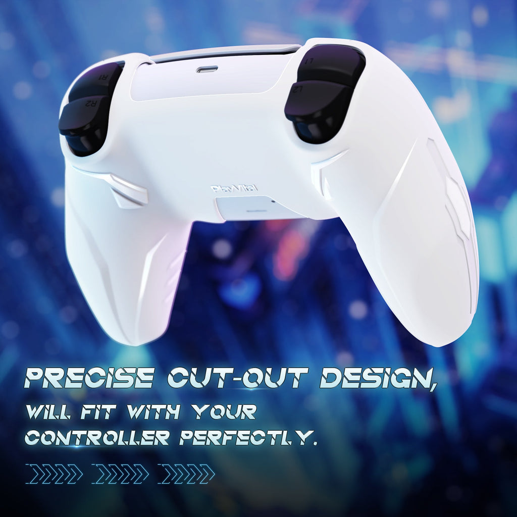 PlayVital Futuristic CyberMech Design Silicone Grip Skin with Thumb Grips for PS5 Wireless Controller, Compatible with PS5 Official Charging Dock - White PlayVital
