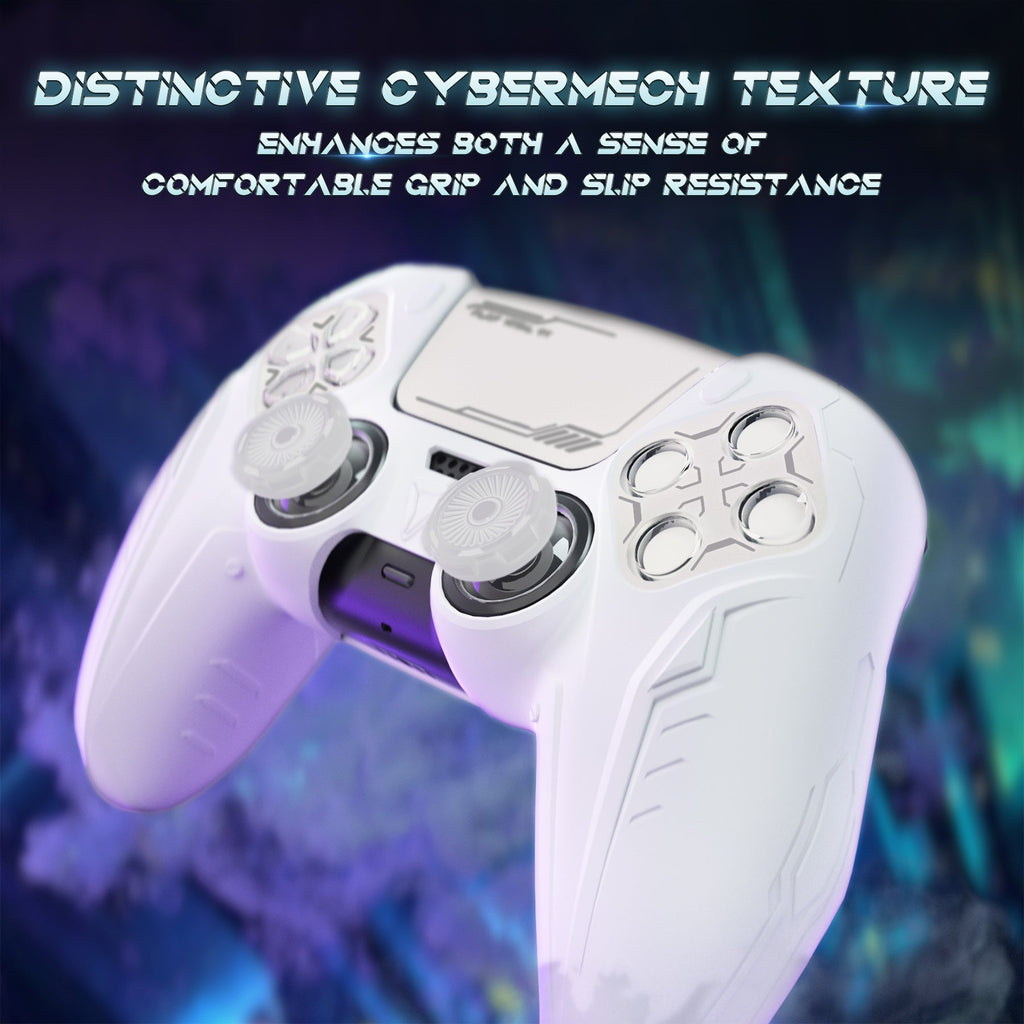 PlayVital Futuristic CyberMech Design Silicone Grip Skin with Thumb Grips for PS5 Wireless Controller, Compatible with PS5 Official Charging Dock - White PlayVital