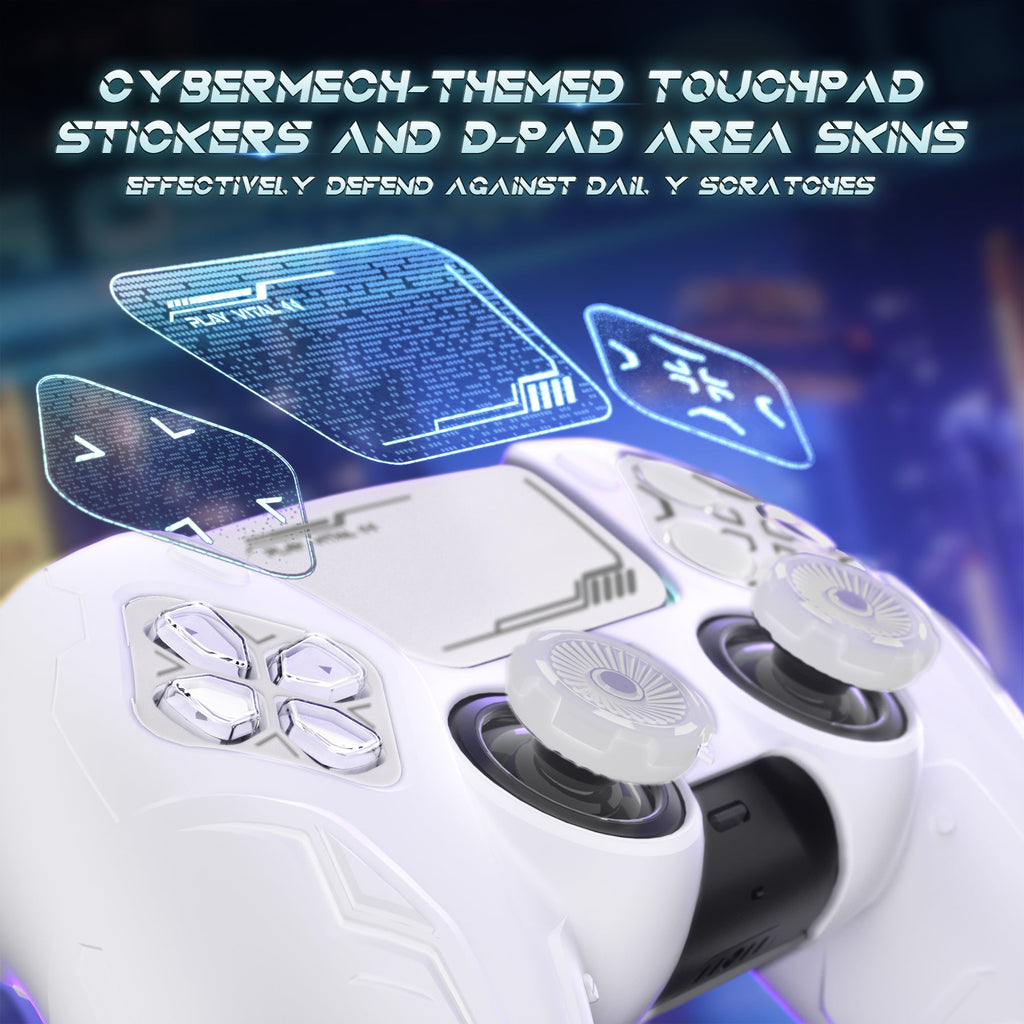 PlayVital Futuristic CyberMech Design Silicone Grip Skin with Thumb Grips for PS5 Wireless Controller, Compatible with PS5 Official Charging Dock - White PlayVital