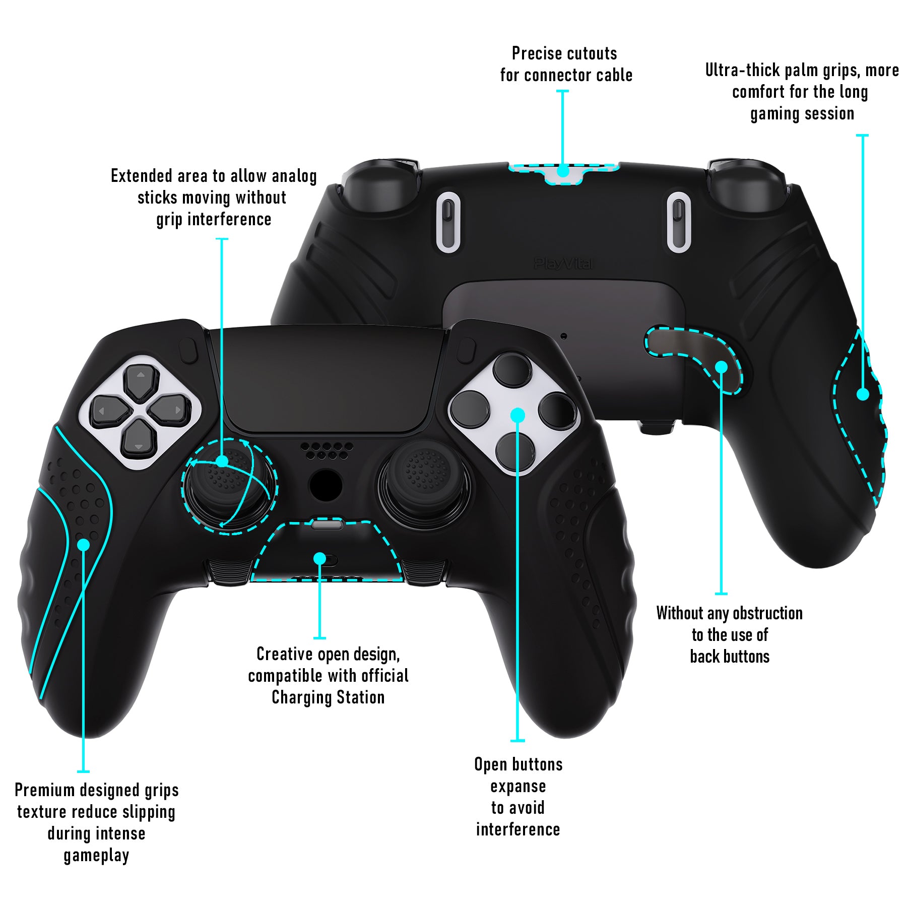 PlayVital Guardian Edition Anti-Slip Ergonomic Silicone Cover Case with Thumb Grip Caps for PS5 Edge Controller - Black PlayVital