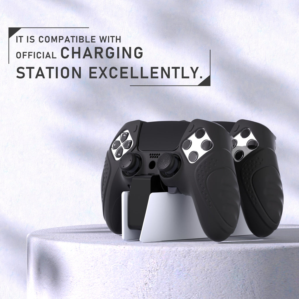 PlayVital Guardian Edition Anti-Slip Ergonomic Silicone Cover Case with Thumb Grip Caps for PS5 Edge Controller - Black PlayVital