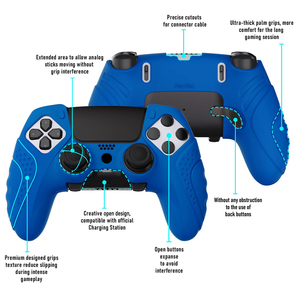 PlayVital Guardian Edition Anti-Slip Ergonomic Silicone Cover Case with Thumb Grip Caps for PS5 Edge Controller - Blue PlayVital
