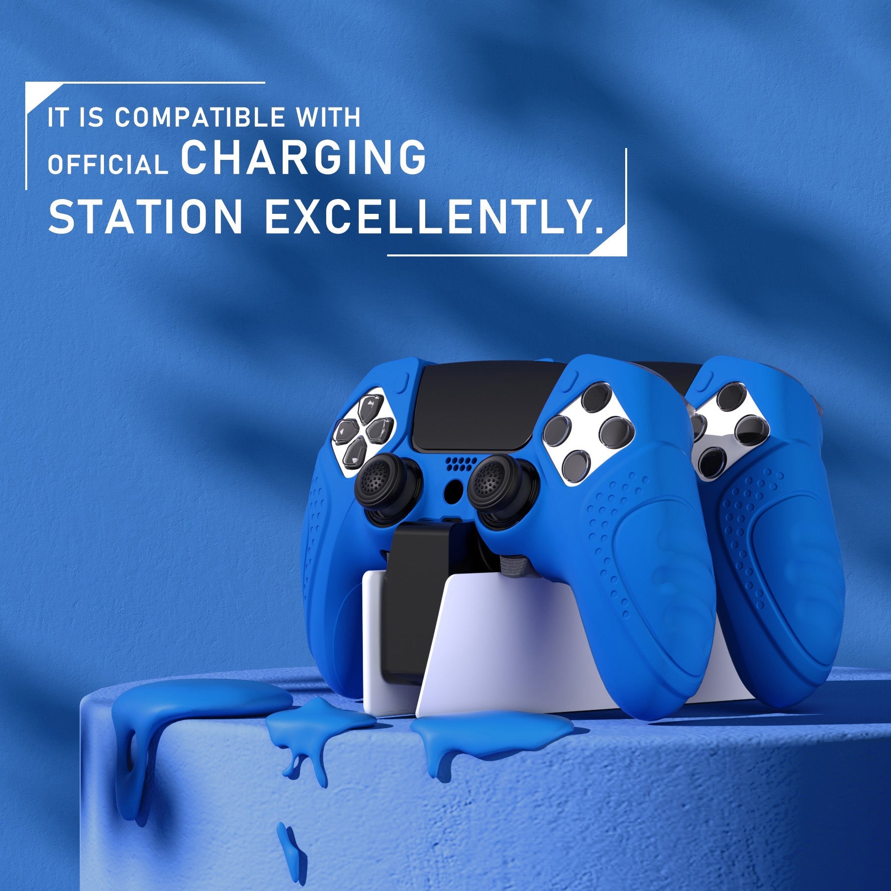 PlayVital Guardian Edition Anti-Slip Ergonomic Silicone Cover Case with Thumb Grip Caps for PS5 Edge Controller - Blue PlayVital