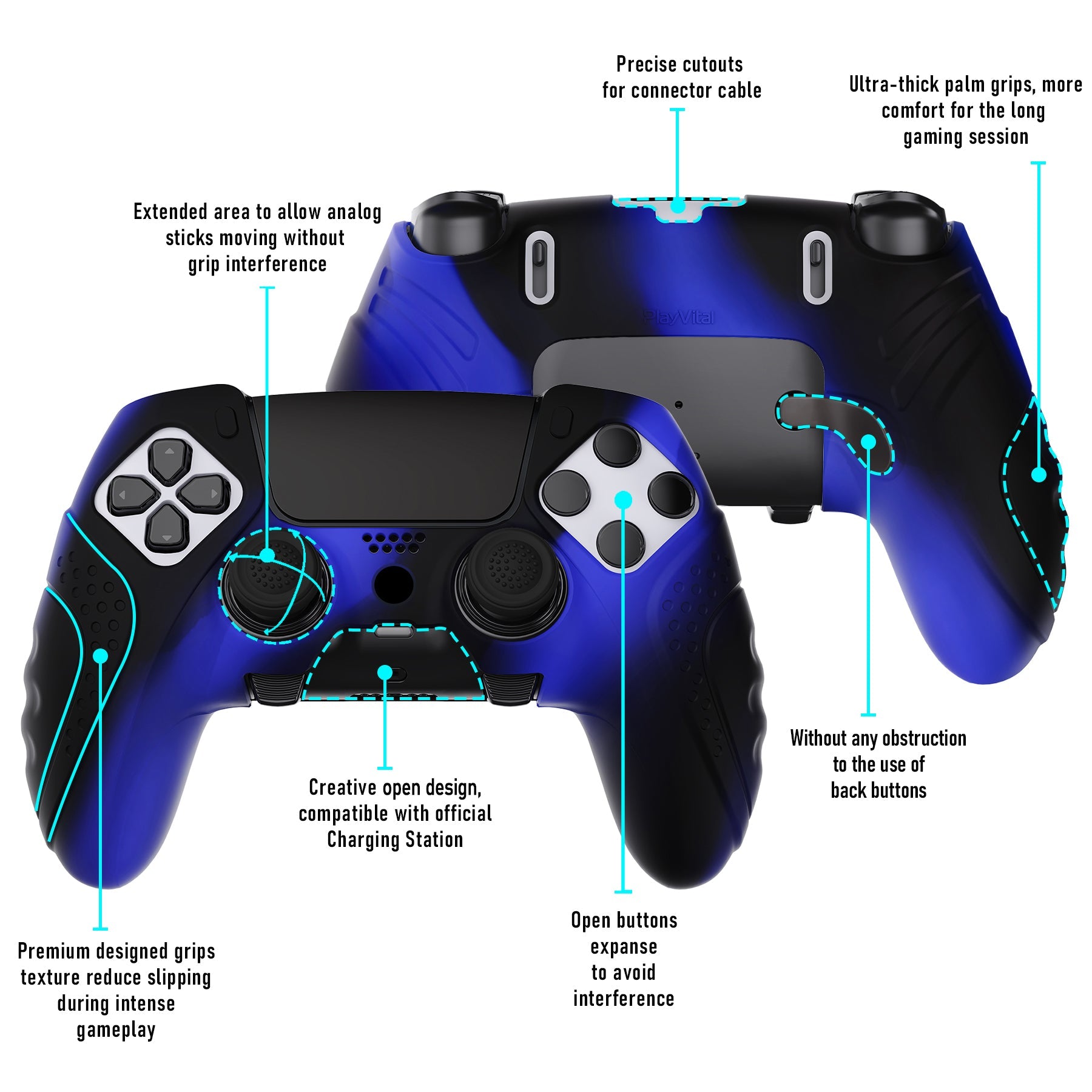 PlayVital Guardian Edition Anti-Slip Ergonomic Silicone Cover Case with Thumb Grip Caps for PS5 Edge Controller - Blue & Black PlayVital