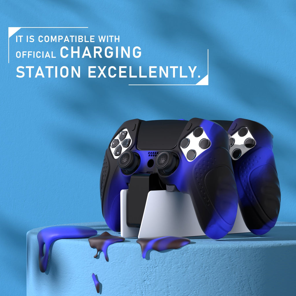 PlayVital Guardian Edition Anti-Slip Ergonomic Silicone Cover Case with Thumb Grip Caps for PS5 Edge Controller - Blue & Black PlayVital