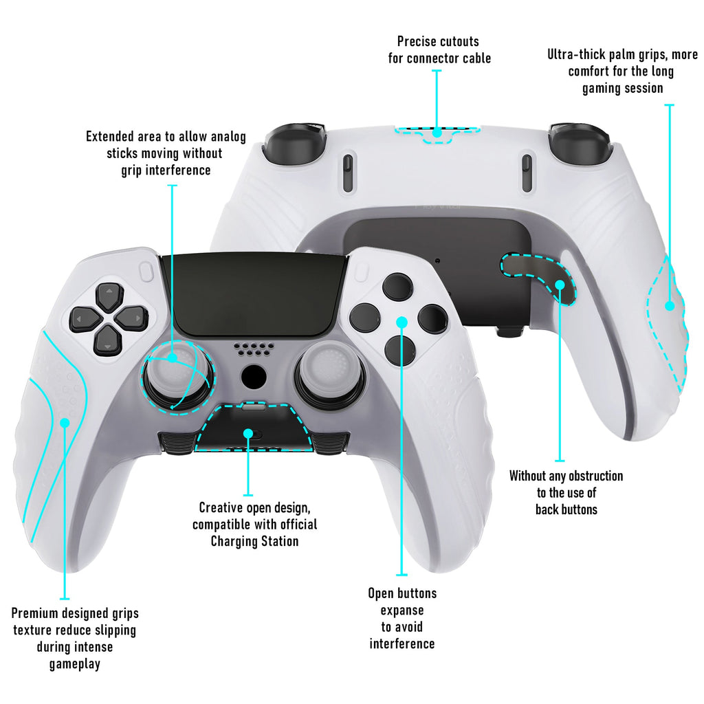 PlayVital Guardian Edition Anti-Slip Ergonomic Silicone Cover Case with Thumb Grip Caps for PS5 Edge Controller - Clear White PlayVital