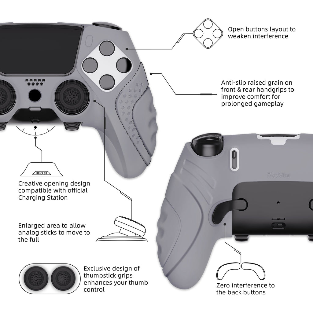 PlayVital Guardian Edition Anti-Slip Ergonomic Silicone Cover Case with Thumb Grip Caps for PS5 Edge Controller - Metallic Gray PlayVital