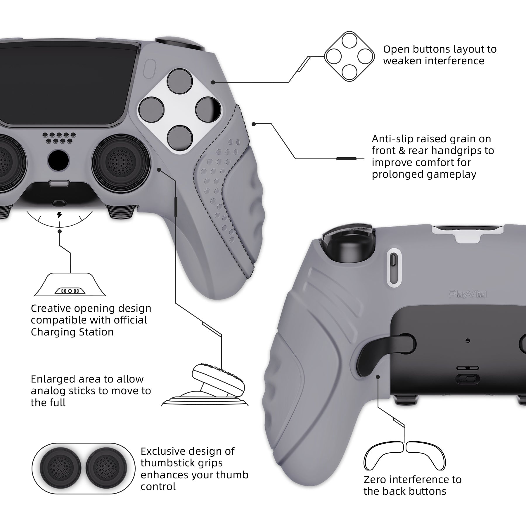 PlayVital Guardian Edition Anti-Slip Ergonomic Silicone Cover Case with Thumb Grip Caps for PS5 Edge Controller - Metallic Gray PlayVital