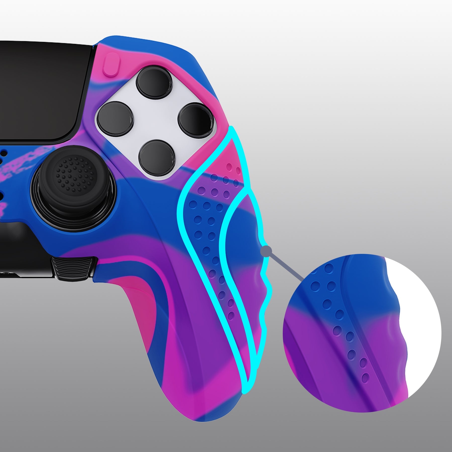 PlayVital Guardian Edition Anti-Slip Ergonomic Silicone Cover Case with Thumb Grip Caps for PS5 Edge Controller - Pink & Purple & Blue PlayVital
