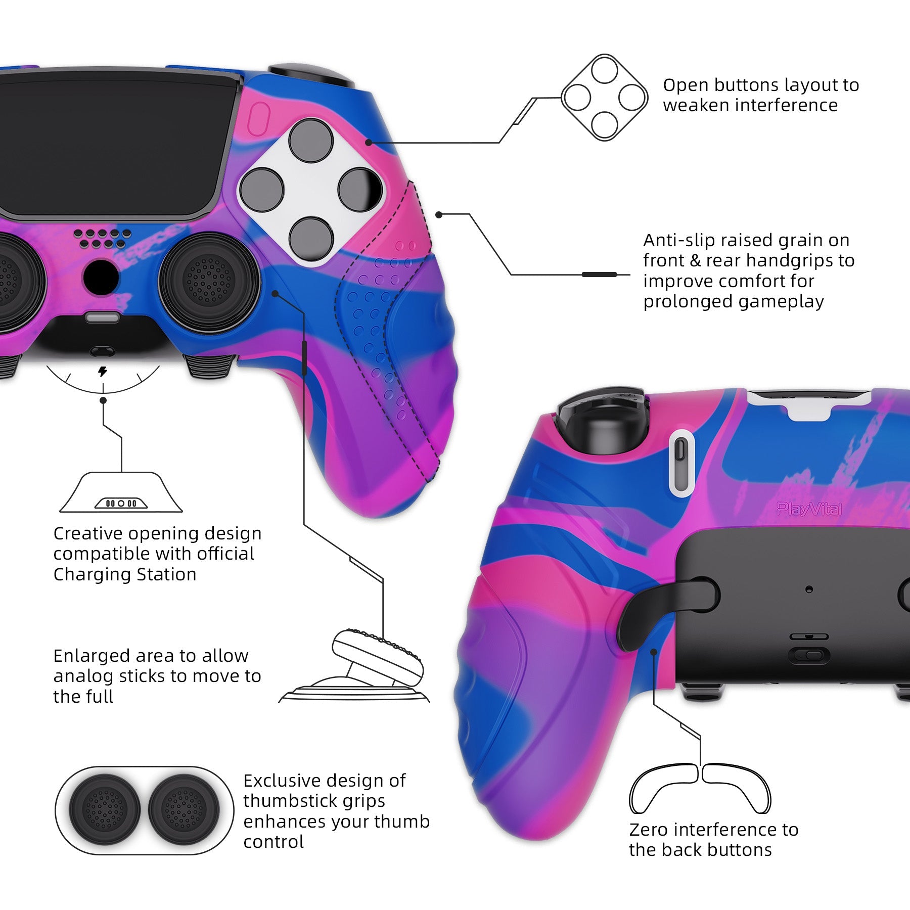 PlayVital Guardian Edition Anti-Slip Ergonomic Silicone Cover Case with Thumb Grip Caps for PS5 Edge Controller - Pink & Purple & Blue PlayVital
