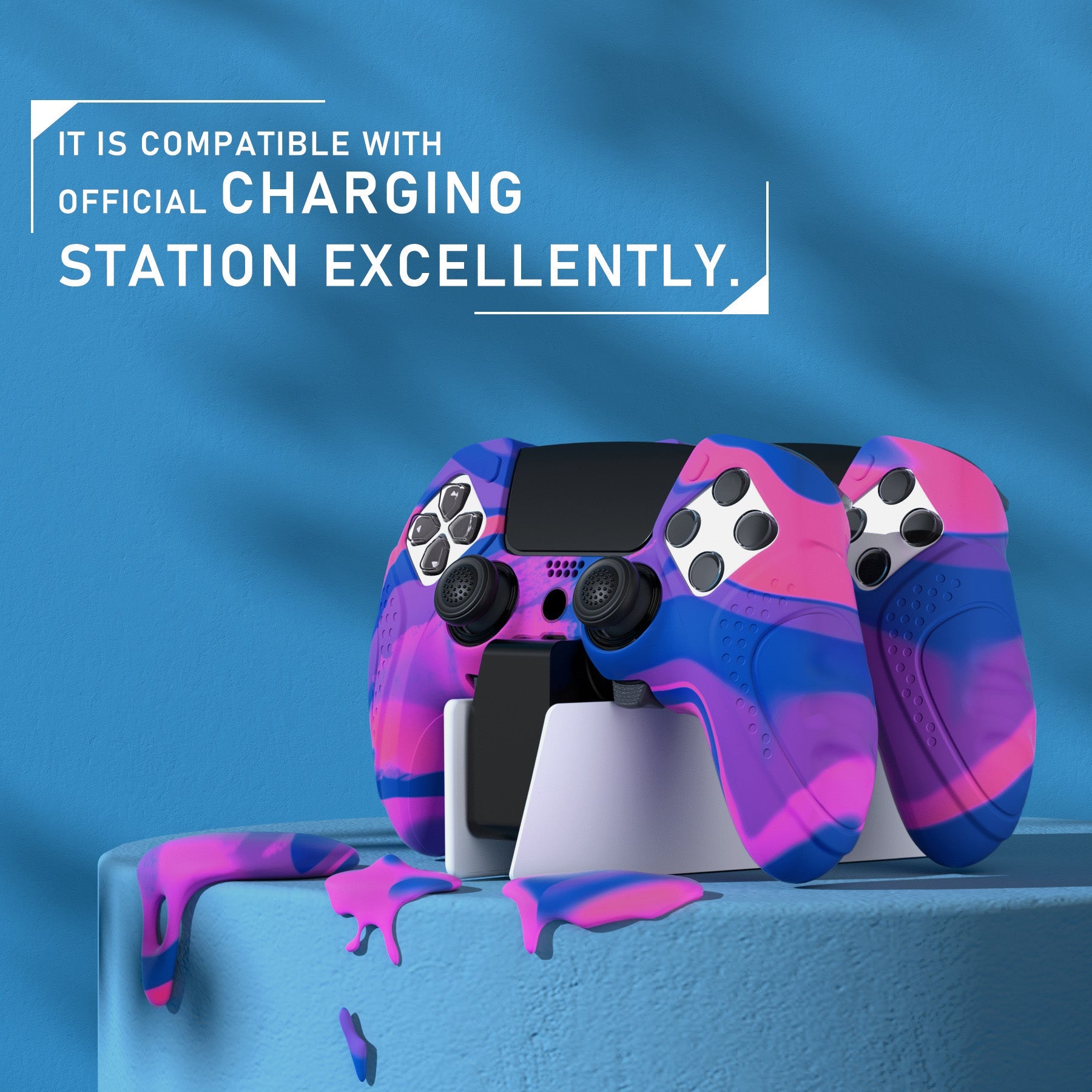 PlayVital Guardian Edition Anti-Slip Ergonomic Silicone Cover Case with Thumb Grip Caps for PS5 Edge Controller - Pink & Purple & Blue PlayVital
