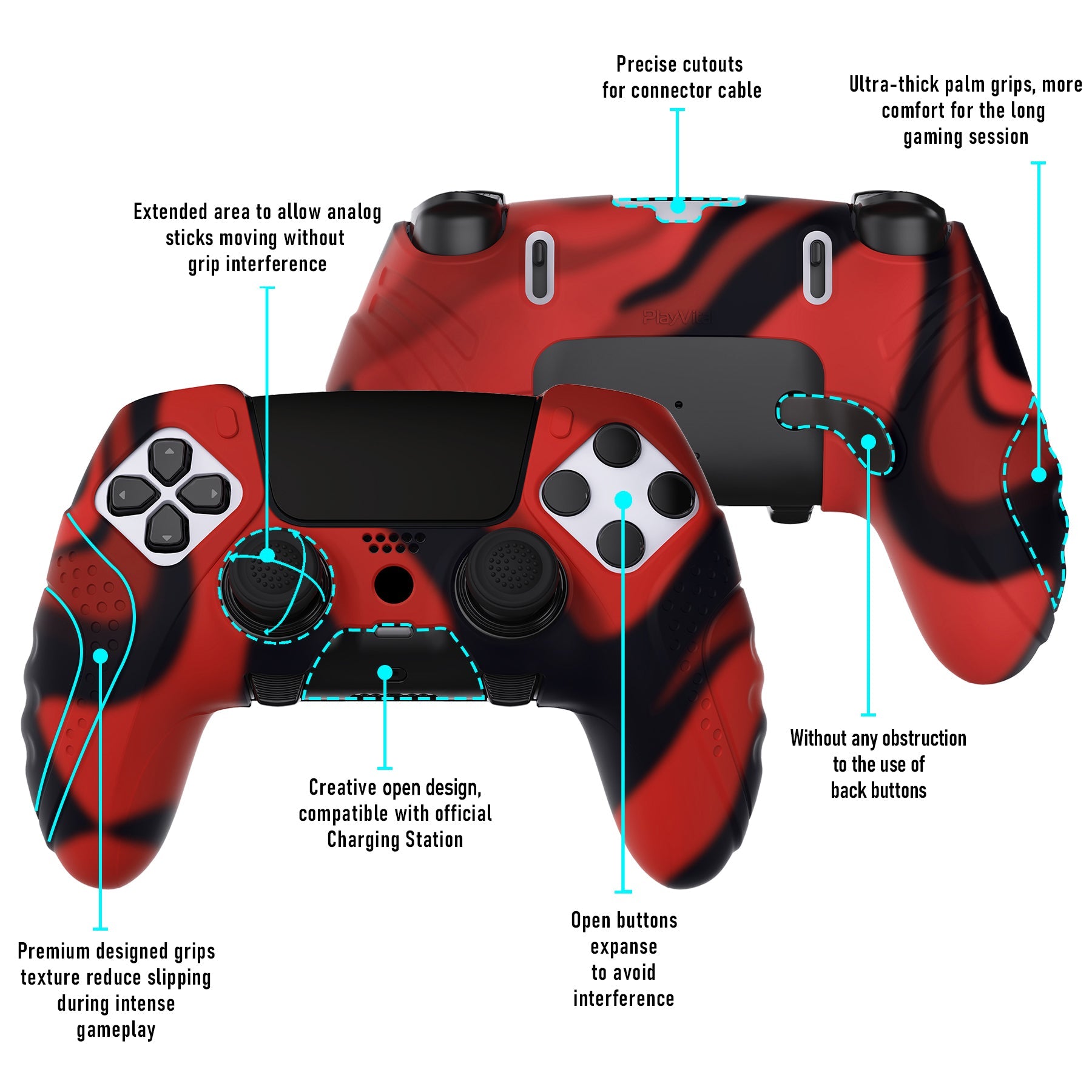 PlayVital Guardian Edition Anti-Slip Ergonomic Silicone Cover Case with Thumb Grip Caps for PS5 Edge Controller - Red & Black PlayVital