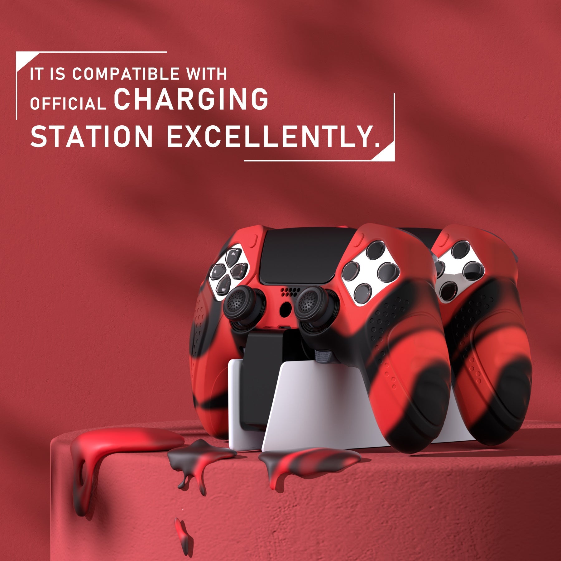 PlayVital Guardian Edition Anti-Slip Ergonomic Silicone Cover Case with Thumb Grip Caps for PS5 Edge Controller - Red & Black PlayVital