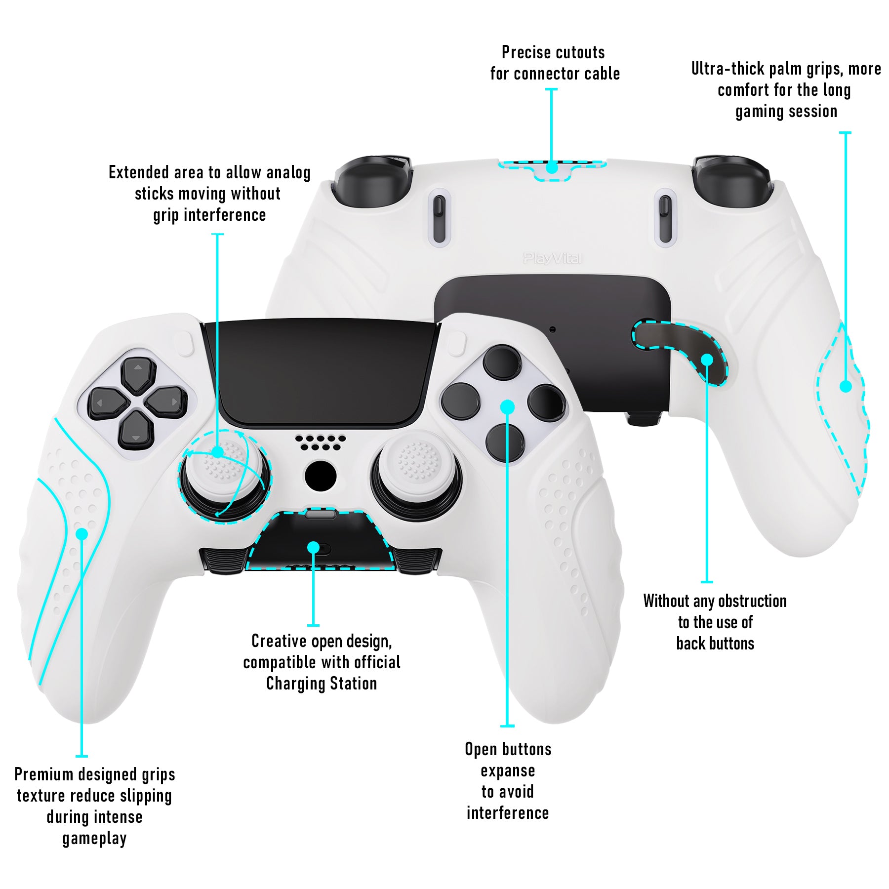 PlayVital Guardian Edition Anti-Slip Ergonomic Silicone Cover Case with Thumb Grip Caps for PS5 Edge Controller - White PlayVital