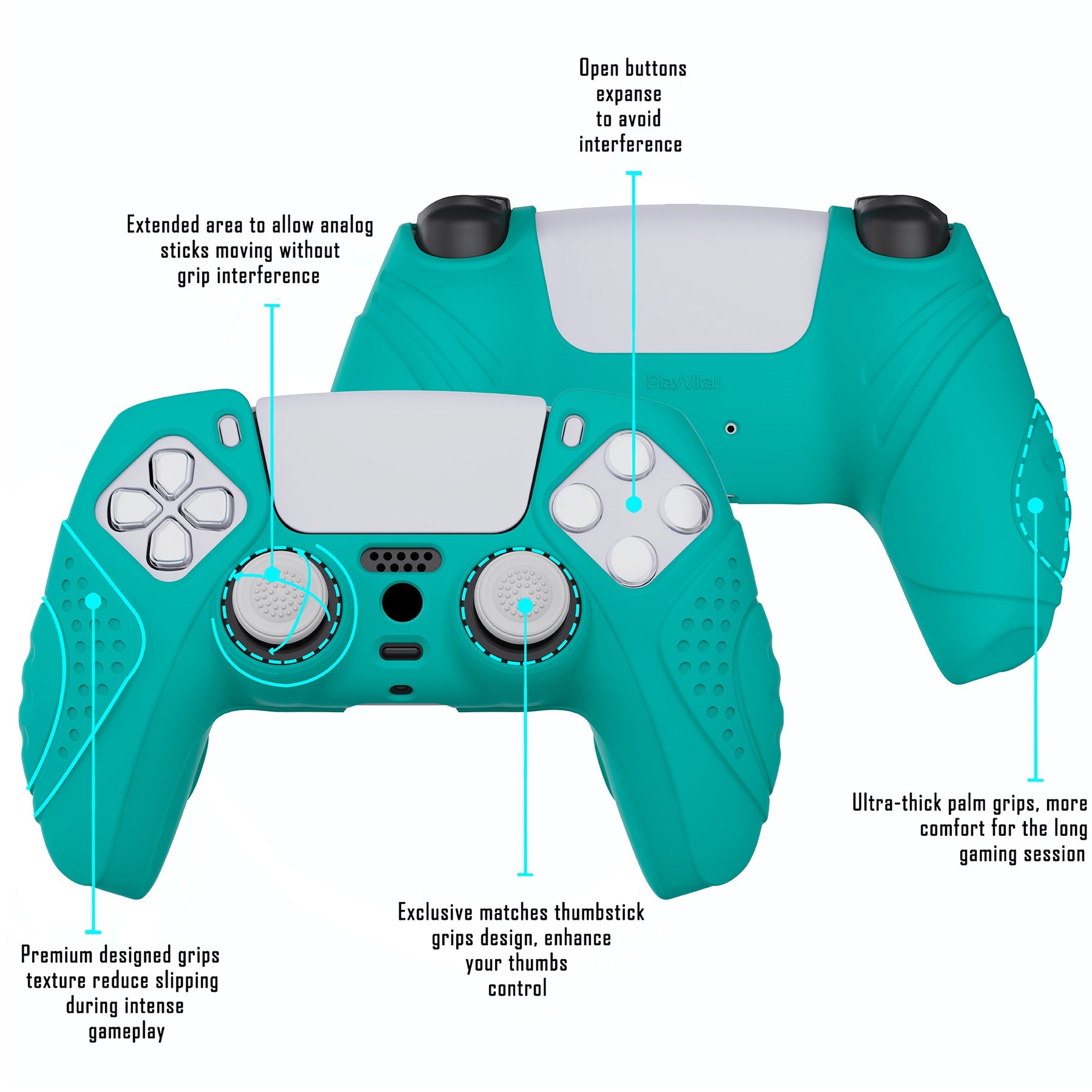 PlayVital Guardian Edition Anti-Slip Silicone Cover Skin with Thumb Grip Caps for PS5 Wireless Controller - Aqua Green PlayVital