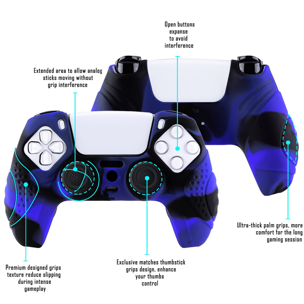 PlayVital Guardian Edition Anti-Slip Silicone Cover Skin with Thumb Grip Caps for PS5 Wireless Controller - Blue & Black PlayVital