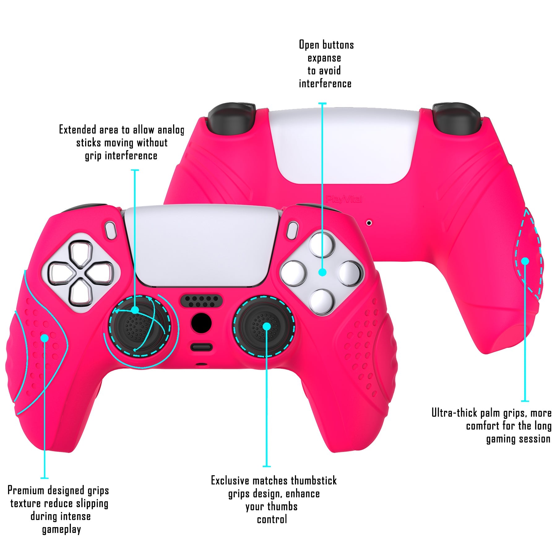 PlayVital Guardian Edition Anti-Slip Silicone Cover Skin with Thumb Grip Caps for PS5 Wireless Controller - Bright Pink PlayVital