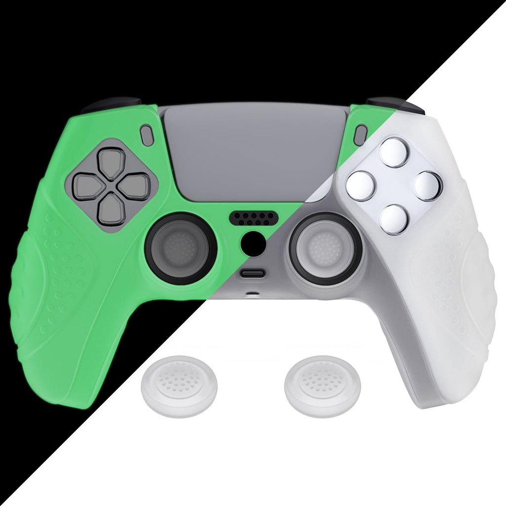 PlayVital Guardian Edition Anti-Slip Silicone Cover Skin with Thumb Grip Caps for PS5 Wireless Controller - Glow in Dark - Green PlayVital