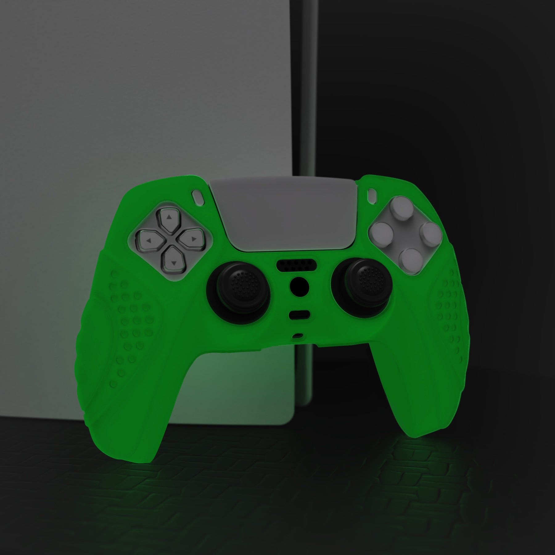 PlayVital Guardian Edition Anti-Slip Silicone Cover Skin with Thumb Grip Caps for PS5 Wireless Controller - Glow in Dark - Green PlayVital