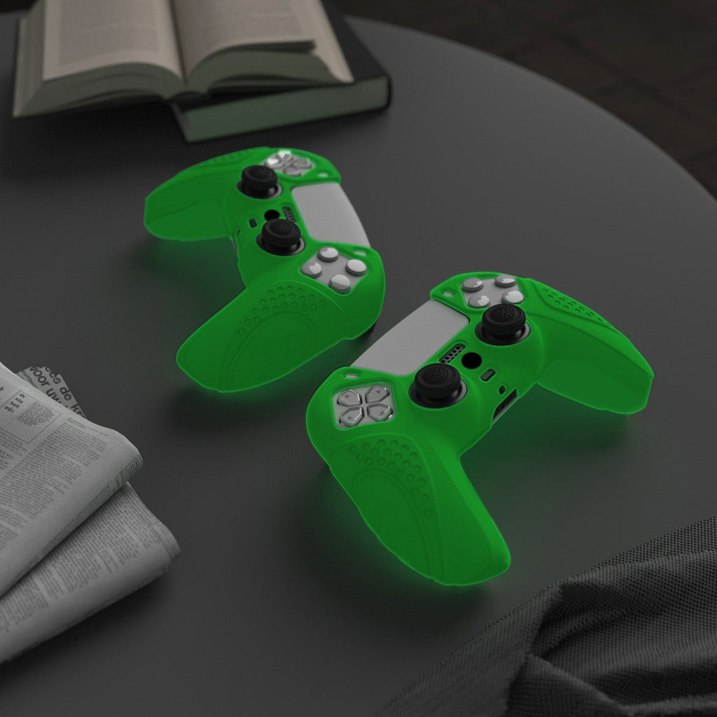 PlayVital Guardian Edition Anti-Slip Silicone Cover Skin with Thumb Grip Caps for PS5 Wireless Controller - Glow in Dark - Green PlayVital