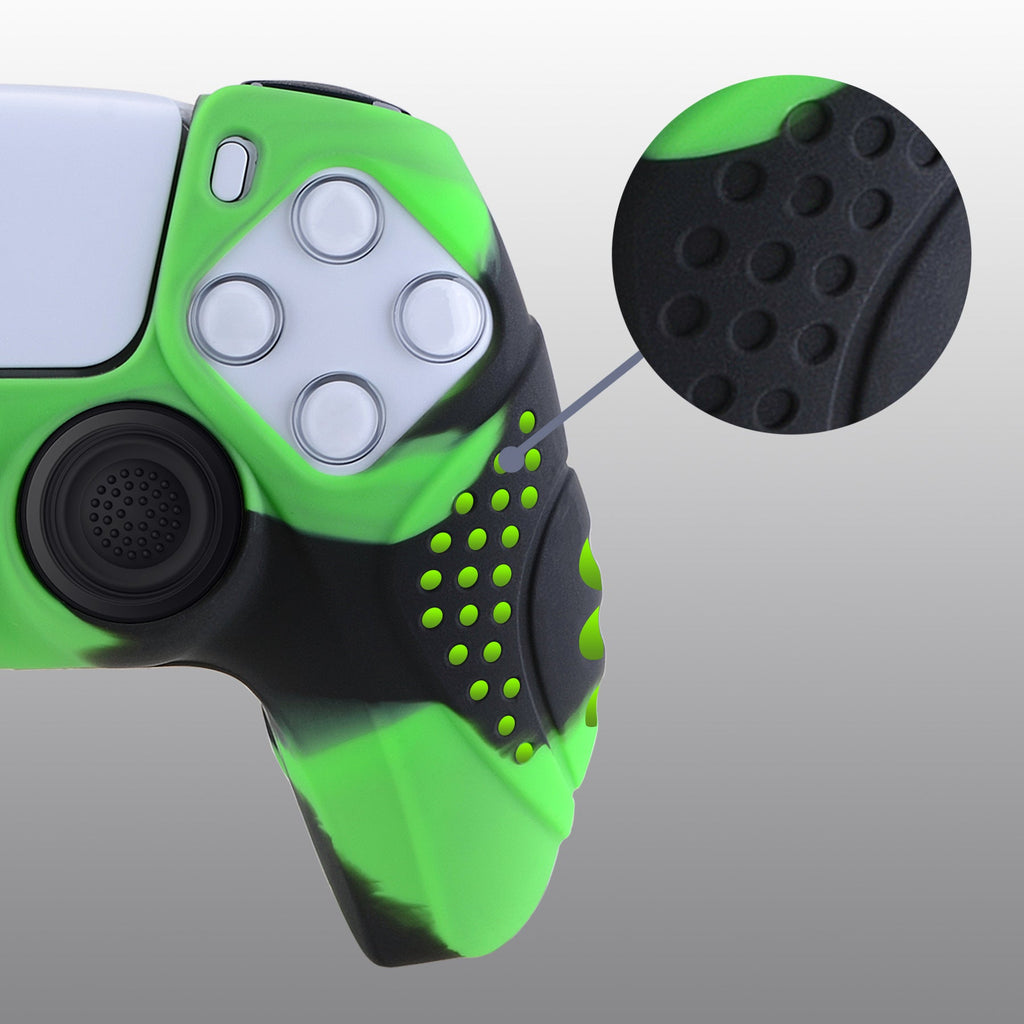 PlayVital Guardian Edition Anti-Slip Silicone Cover Skin with Thumb Grip Caps for PS5 Wireless Controller - Green & Black PlayVital