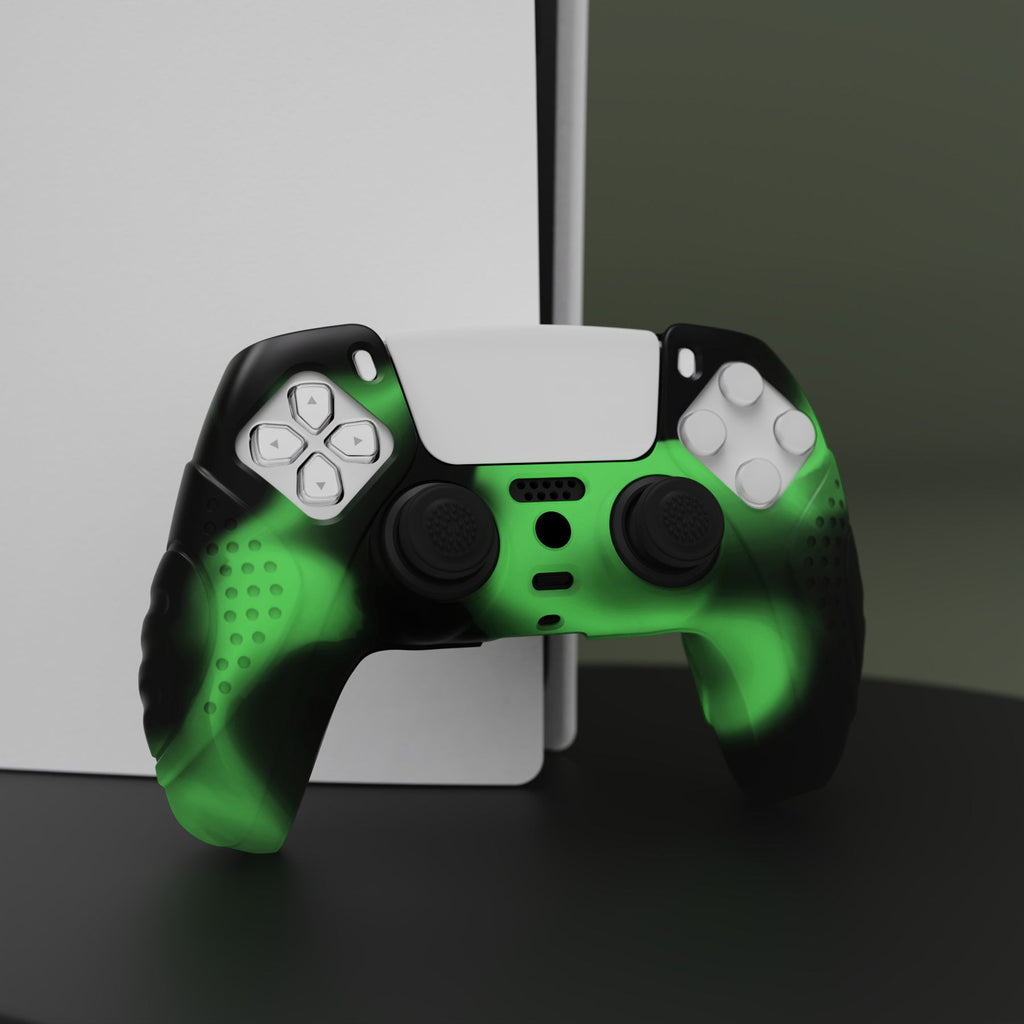 PlayVital Guardian Edition Anti-Slip Silicone Cover Skin with Thumb Grip Caps for PS5 Wireless Controller - Green & Black PlayVital