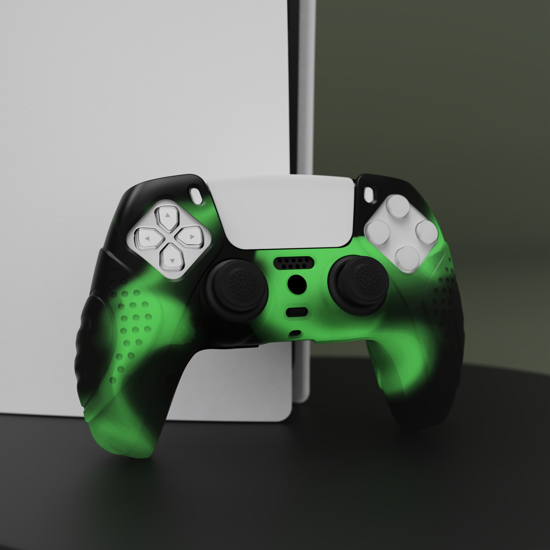 PlayVital Guardian Edition Anti-Slip Silicone Cover Skin with Thumb Grip Caps for PS5 Wireless Controller - Green & Black PlayVital