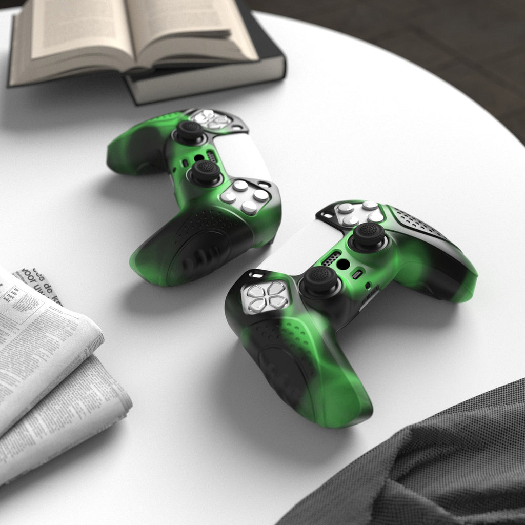 PlayVital Guardian Edition Anti-Slip Silicone Cover Skin with Thumb Grip Caps for PS5 Wireless Controller - Green & Black PlayVital