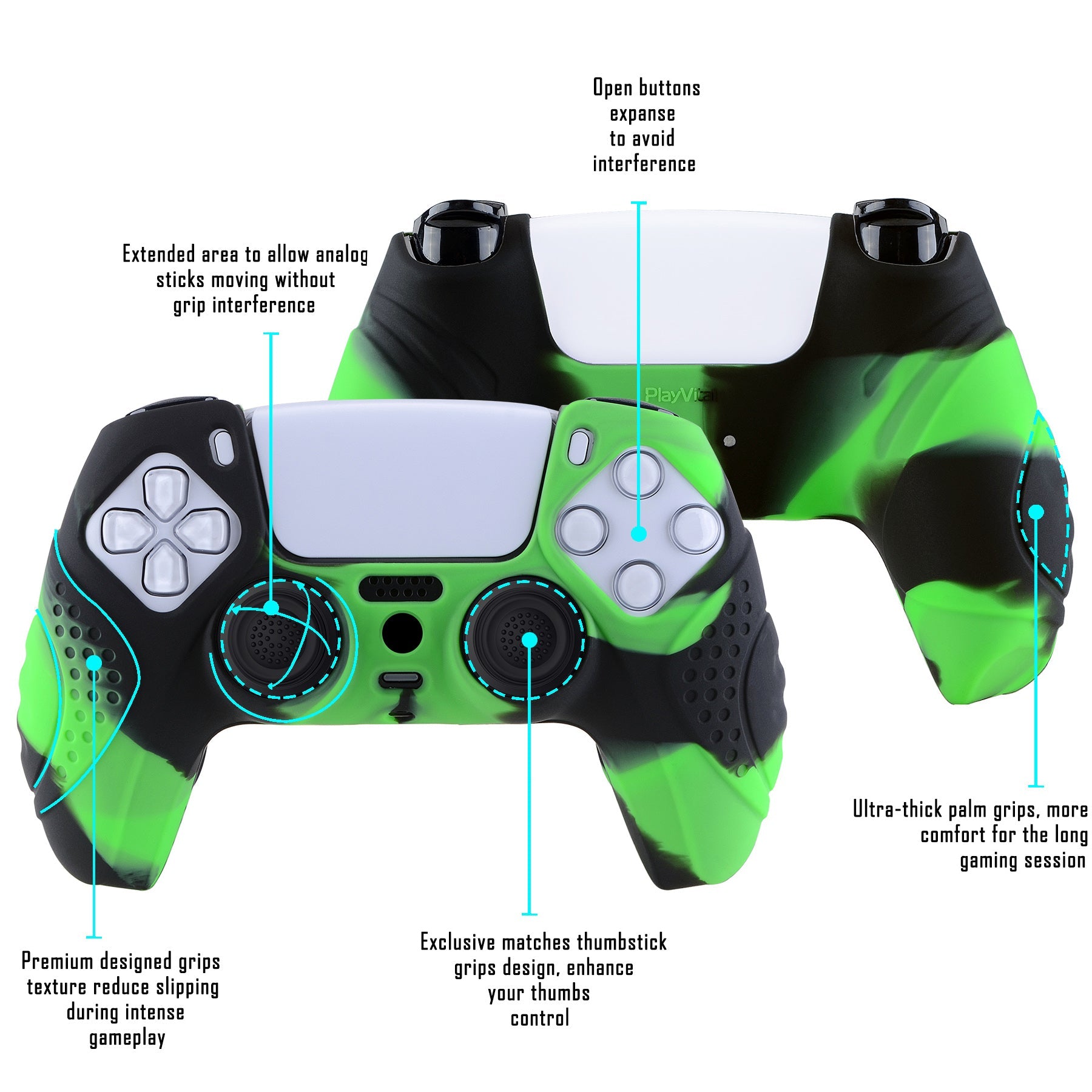 PlayVital Guardian Edition Anti-Slip Silicone Cover Skin with Thumb Grip Caps for PS5 Wireless Controller - Green & Black PlayVital