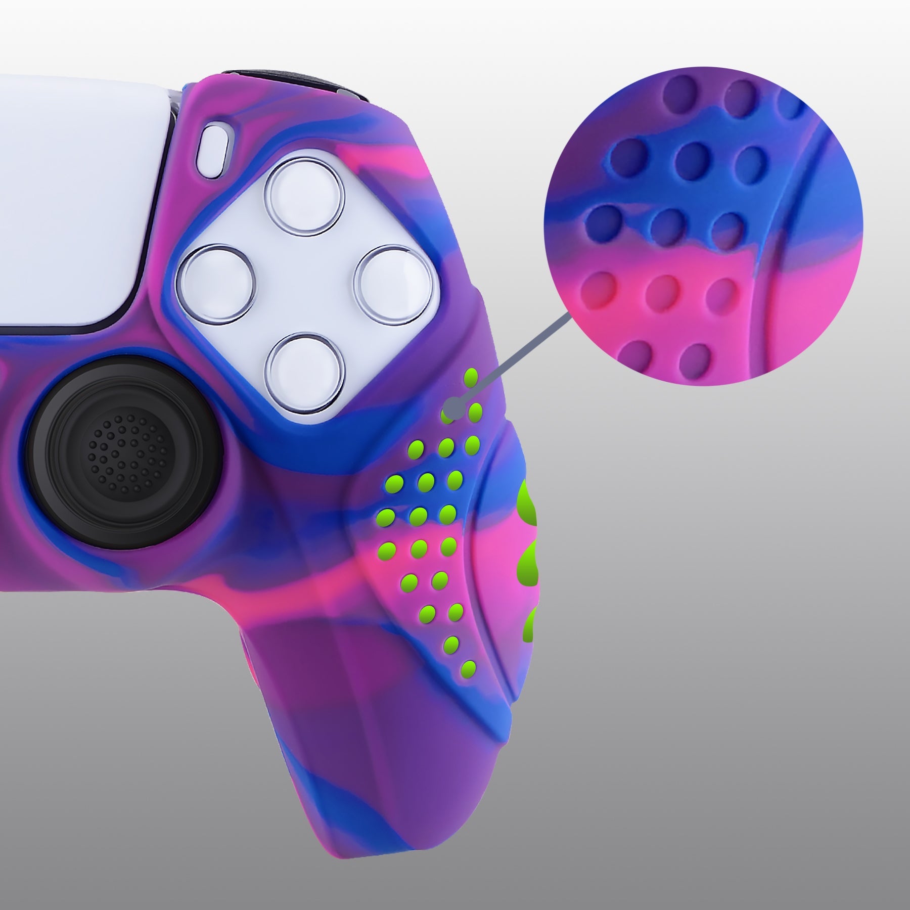 PlayVital Guardian Edition Anti-Slip Silicone Cover Skin with Thumb Grip Caps for PS5 Wireless Controller - Pink & Purple & Blue PlayVital