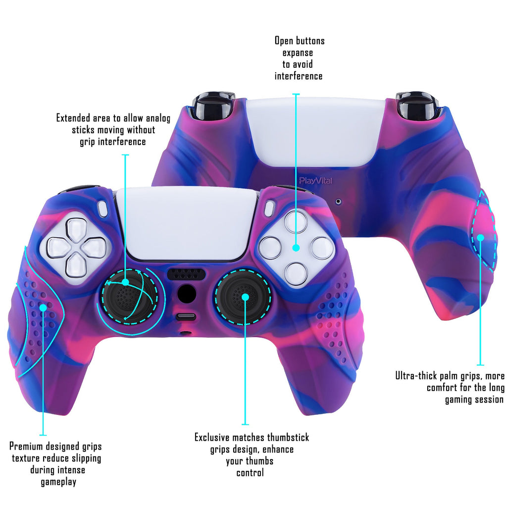 PlayVital Guardian Edition Anti-Slip Silicone Cover Skin with Thumb Grip Caps for PS5 Wireless Controller - Pink & Purple & Blue PlayVital