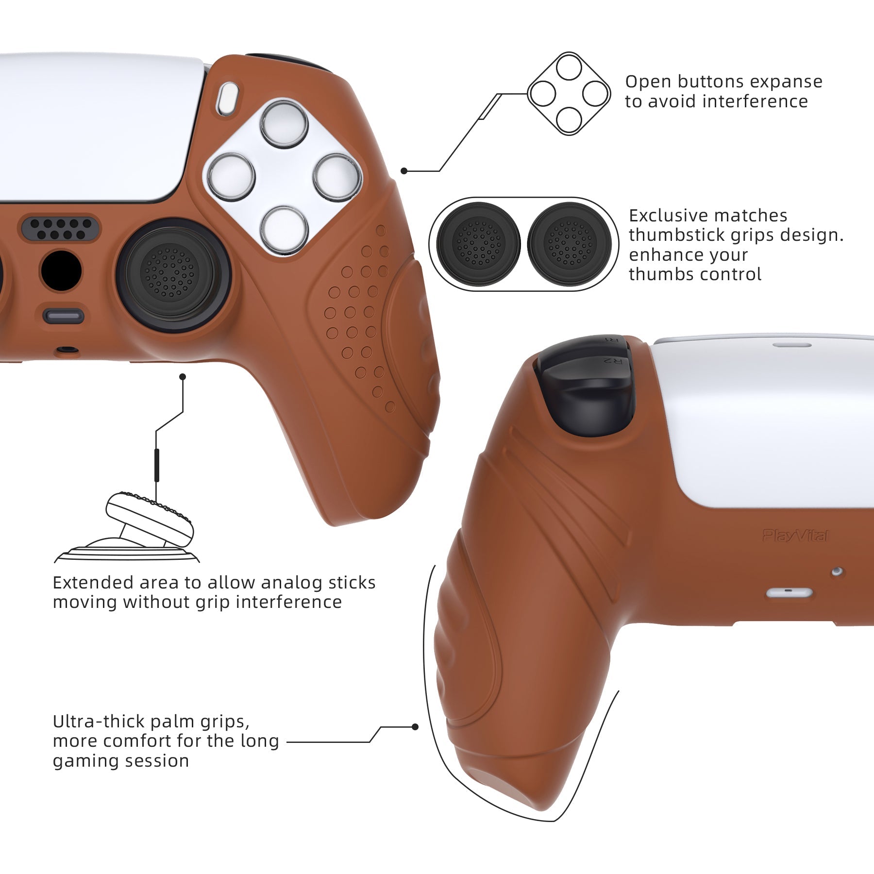 PlayVital Guardian Edition Anti-Slip Silicone Cover Skin with Thumb Grip Caps for PS5 Wireless Controller - Signal Brown PlayVital