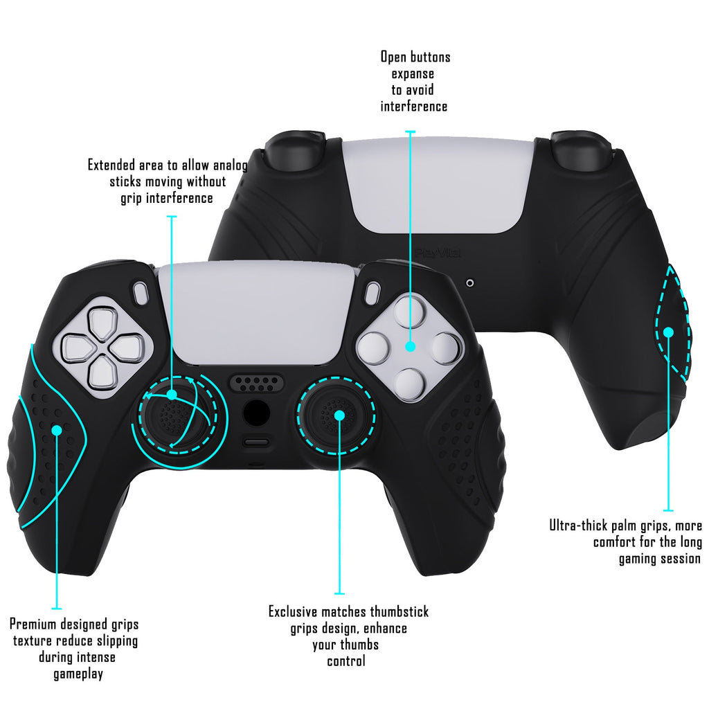 PlayVital Guardian Edition Anti-Slip Silicone Cover Skin with Thumb Grip Caps for PS5 Wireless Controller - Black PlayVital