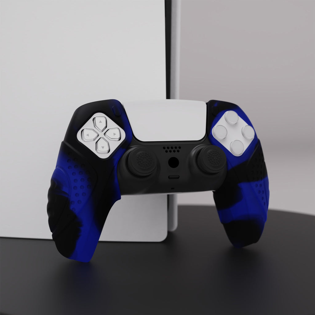 PlayVital Guardian Edition Ergonomic Anti-Slip Silicone Cover Skin with Thumb Grip Caps for PS5 Wireless Controller, Compatible with Charging Station - Blue & Black PlayVital