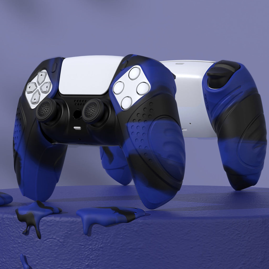 PlayVital Guardian Edition Ergonomic Anti-Slip Silicone Cover Skin with Thumb Grip Caps for PS5 Wireless Controller, Compatible with Charging Station - Blue & Black PlayVital