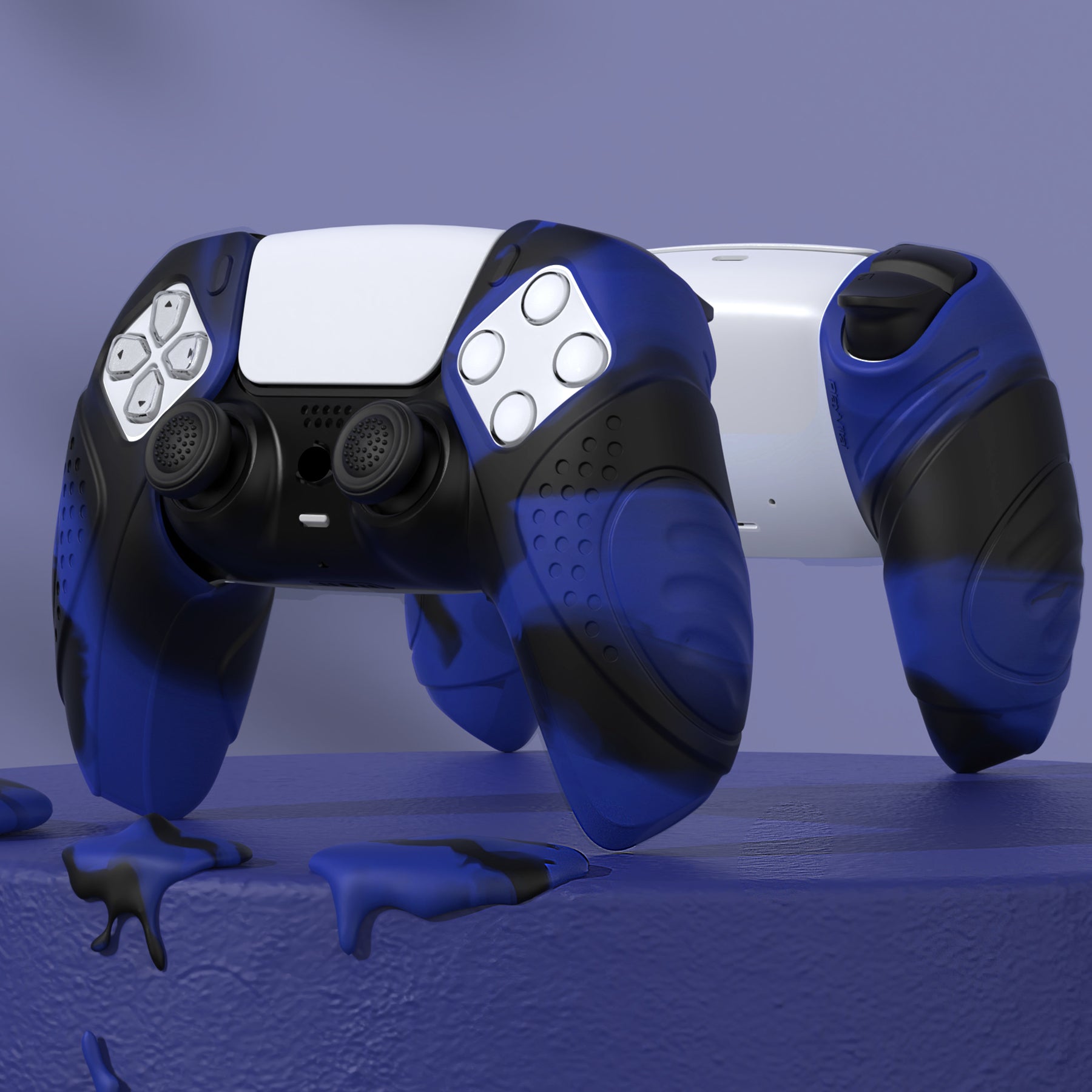 PlayVital Guardian Edition Ergonomic Anti-Slip Silicone Cover Skin with Thumb Grip Caps for PS5 Wireless Controller, Compatible with Charging Station - Blue & Black PlayVital