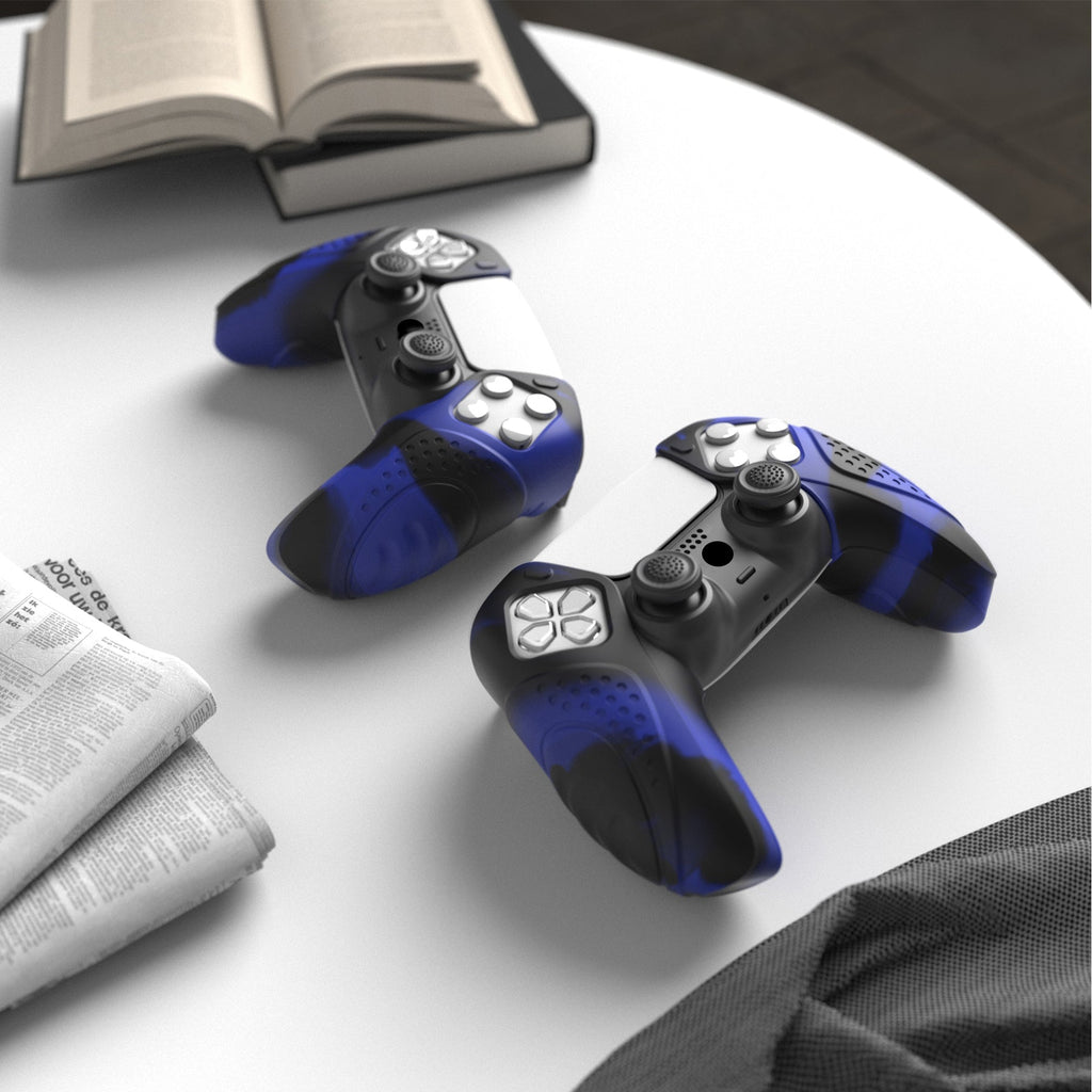 PlayVital Guardian Edition Ergonomic Anti-Slip Silicone Cover Skin with Thumb Grip Caps for PS5 Wireless Controller, Compatible with Charging Station - Blue & Black PlayVital