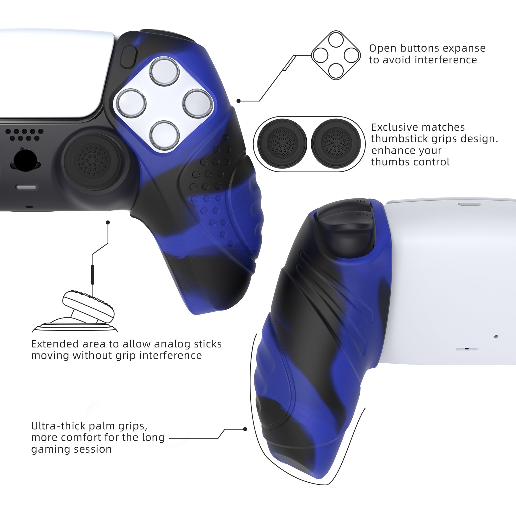 PlayVital Guardian Edition Ergonomic Anti-Slip Silicone Cover Skin with Thumb Grip Caps for PS5 Wireless Controller, Compatible with Charging Station - Blue & Black PlayVital