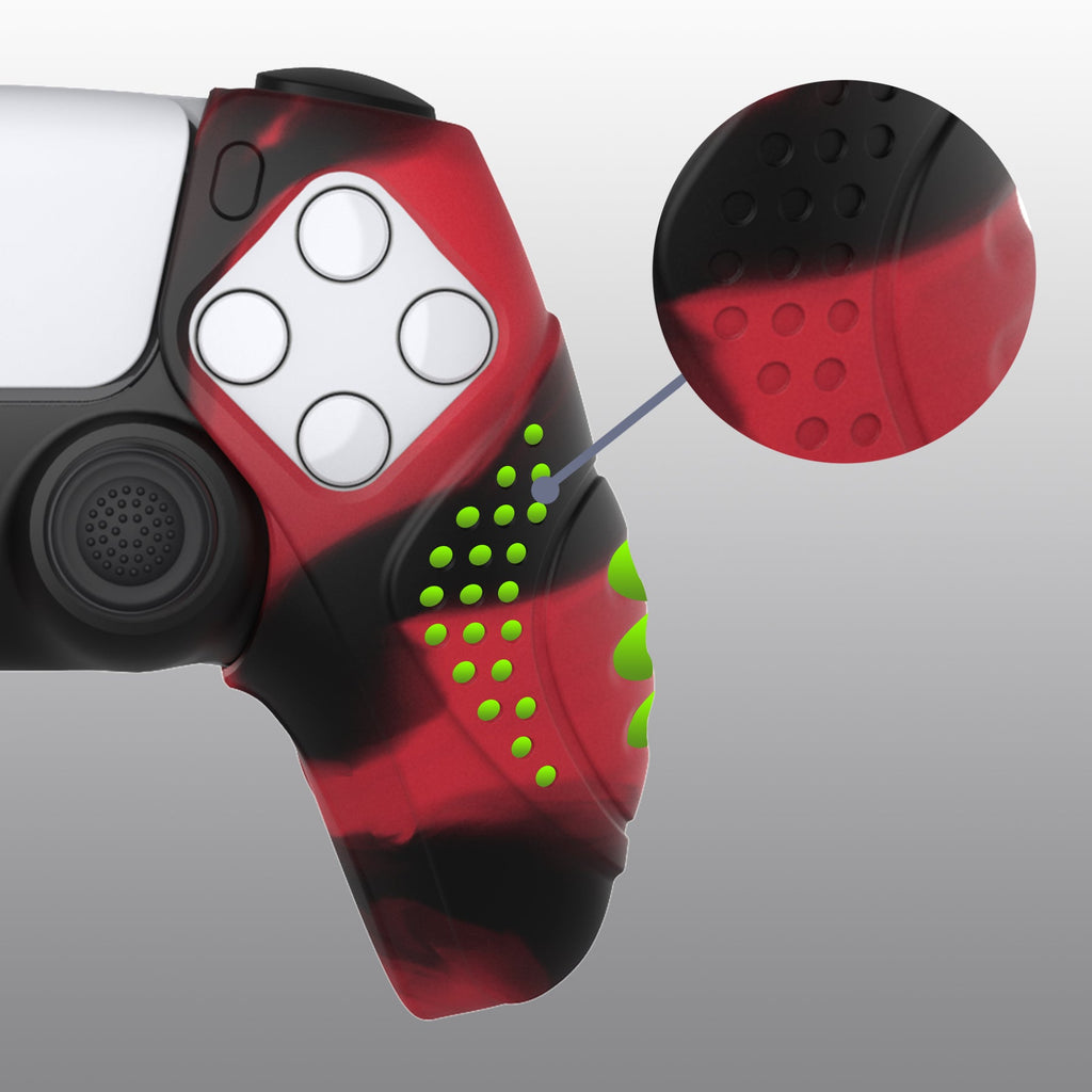 PlayVital Guardian Edition Ergonomic Anti-Slip Silicone Cover Skin with Thumb Grip Caps for PS5 Wireless Controller, Compatible with Charging Station - Red & Black PlayVital