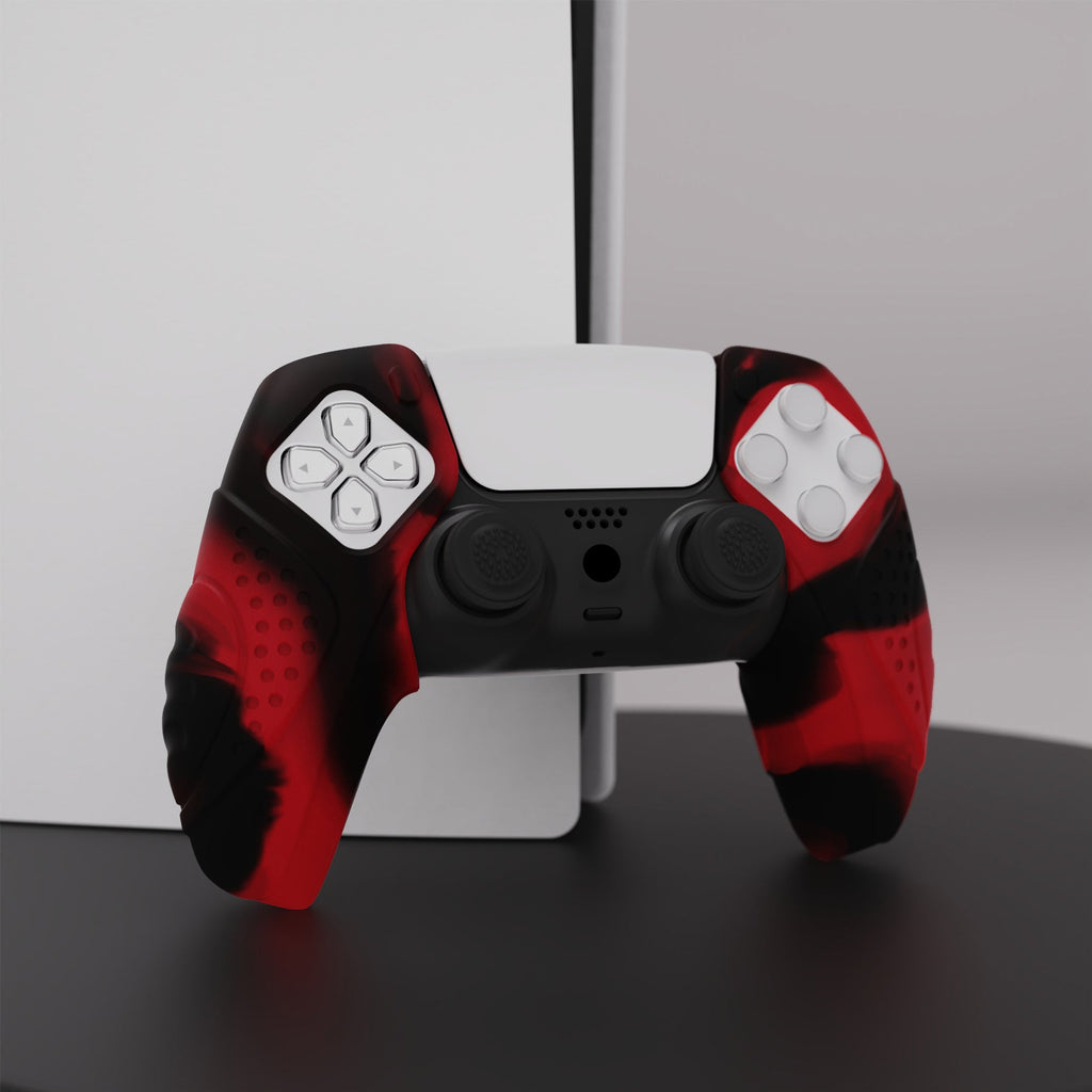 PlayVital Guardian Edition Ergonomic Anti-Slip Silicone Cover Skin with Thumb Grip Caps for PS5 Wireless Controller, Compatible with Charging Station - Red & Black PlayVital