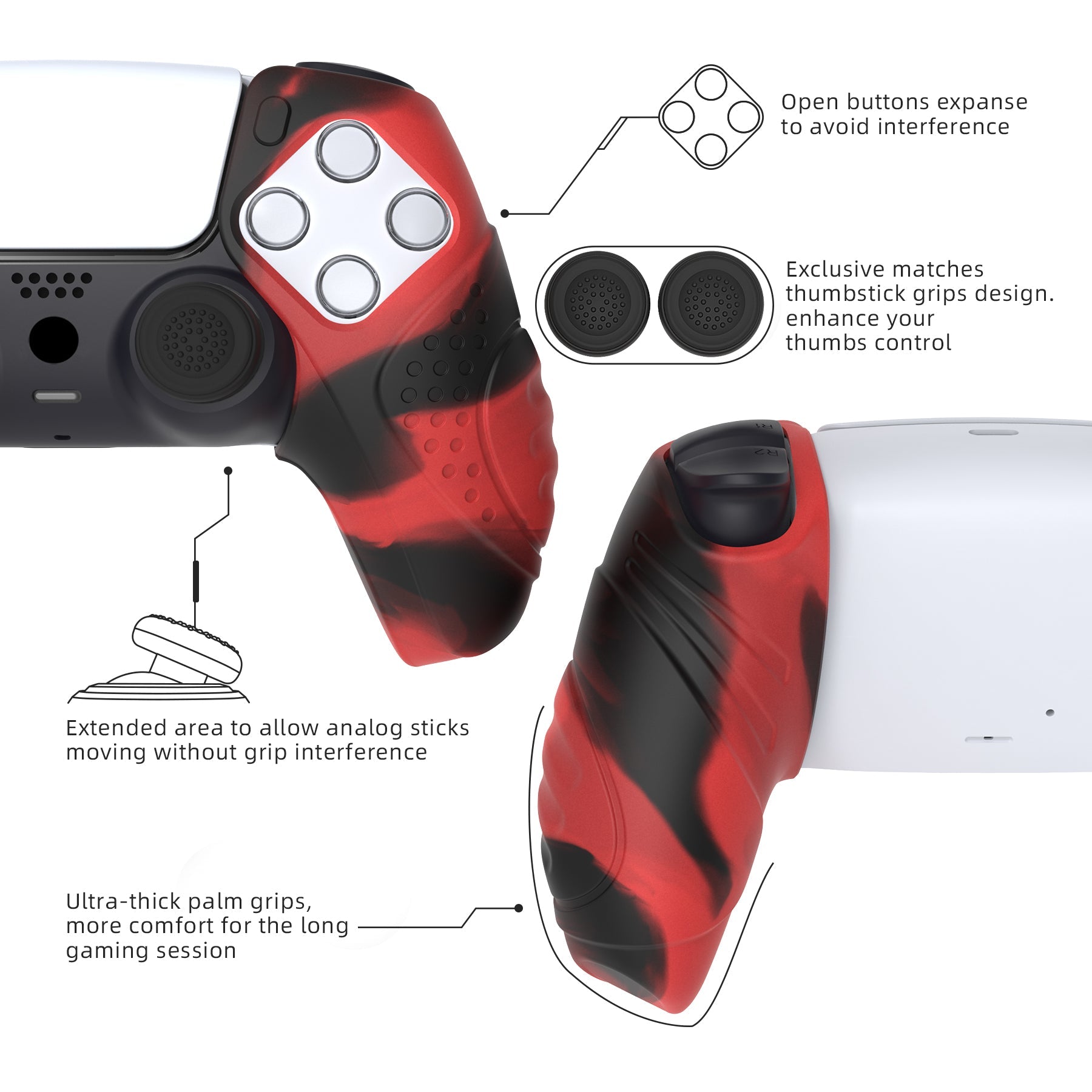 PlayVital Guardian Edition Ergonomic Anti-Slip Silicone Cover Skin with Thumb Grip Caps for PS5 Wireless Controller, Compatible with Charging Station - Red & Black PlayVital