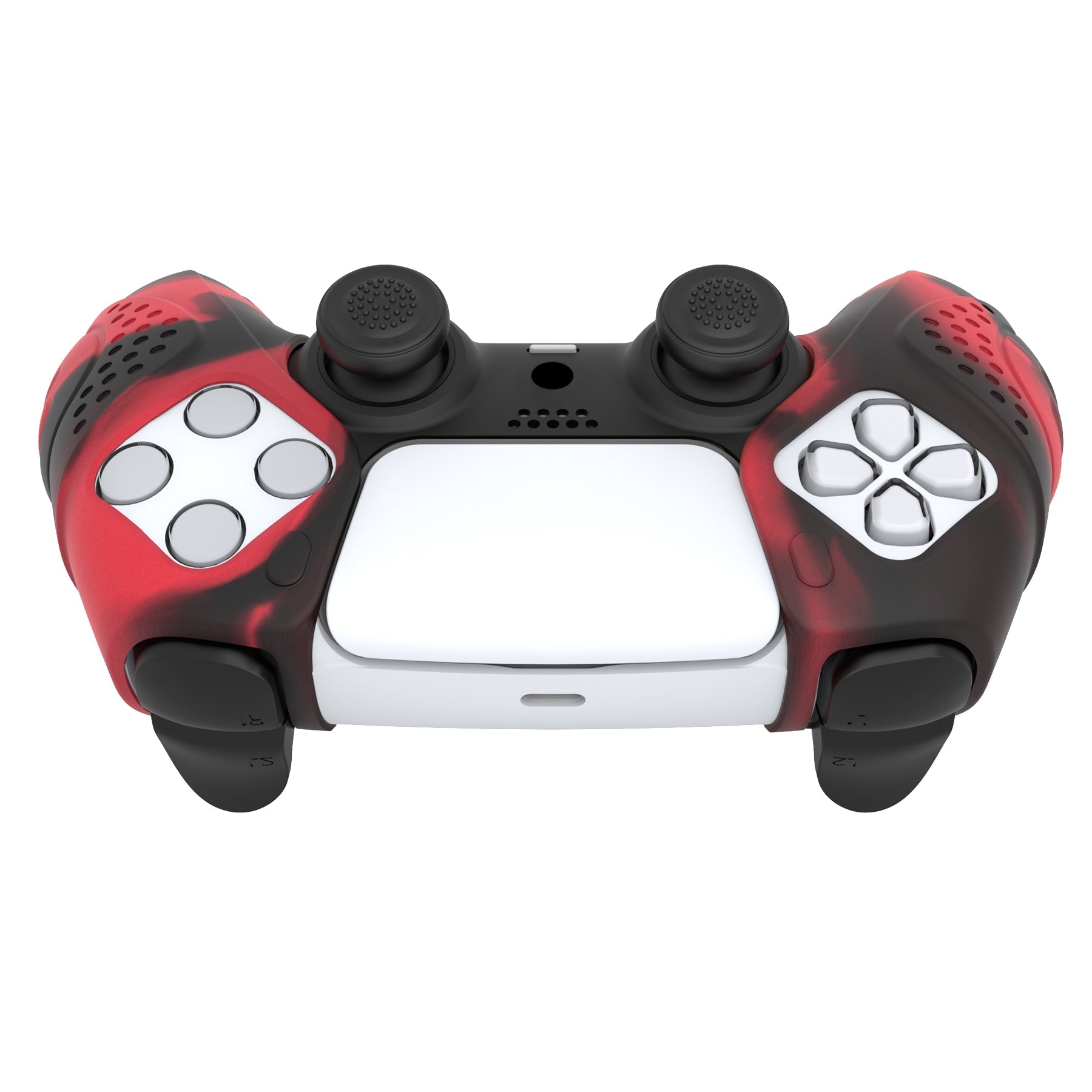 PlayVital Guardian Edition Ergonomic Anti-Slip Silicone Cover Skin with Thumb Grip Caps for PS5 Wireless Controller, Compatible with Charging Station - Red & Black PlayVital
