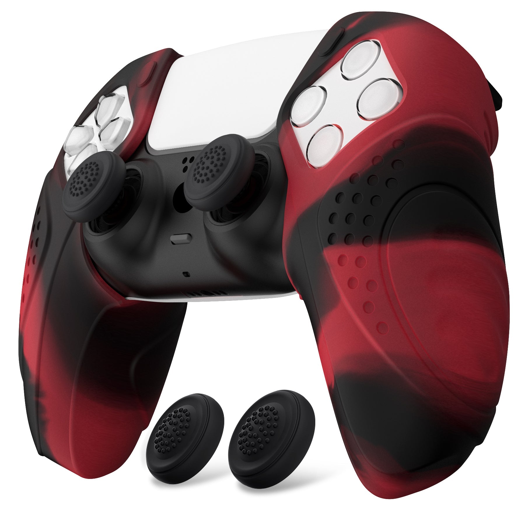 PlayVital Guardian Edition Ergonomic Anti-Slip Silicone Cover Skin with Thumb Grip Caps for PS5 Wireless Controller, Compatible with Charging Station - Red & Black PlayVital