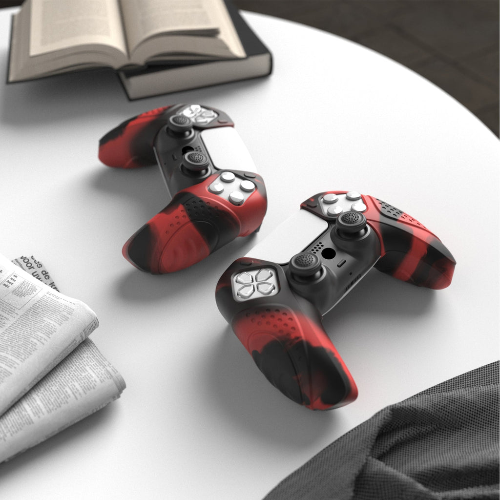 PlayVital Guardian Edition Ergonomic Anti-Slip Silicone Cover Skin with Thumb Grip Caps for PS5 Wireless Controller, Compatible with Charging Station - Red & Black PlayVital