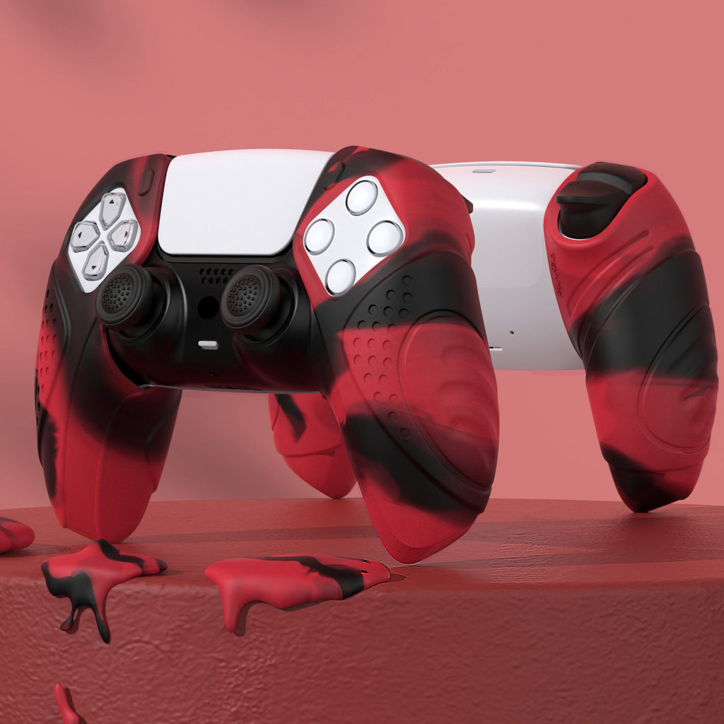 PlayVital Guardian Edition Ergonomic Anti-Slip Silicone Cover Skin with Thumb Grip Caps for PS5 Wireless Controller, Compatible with Charging Station - Red & Black PlayVital
