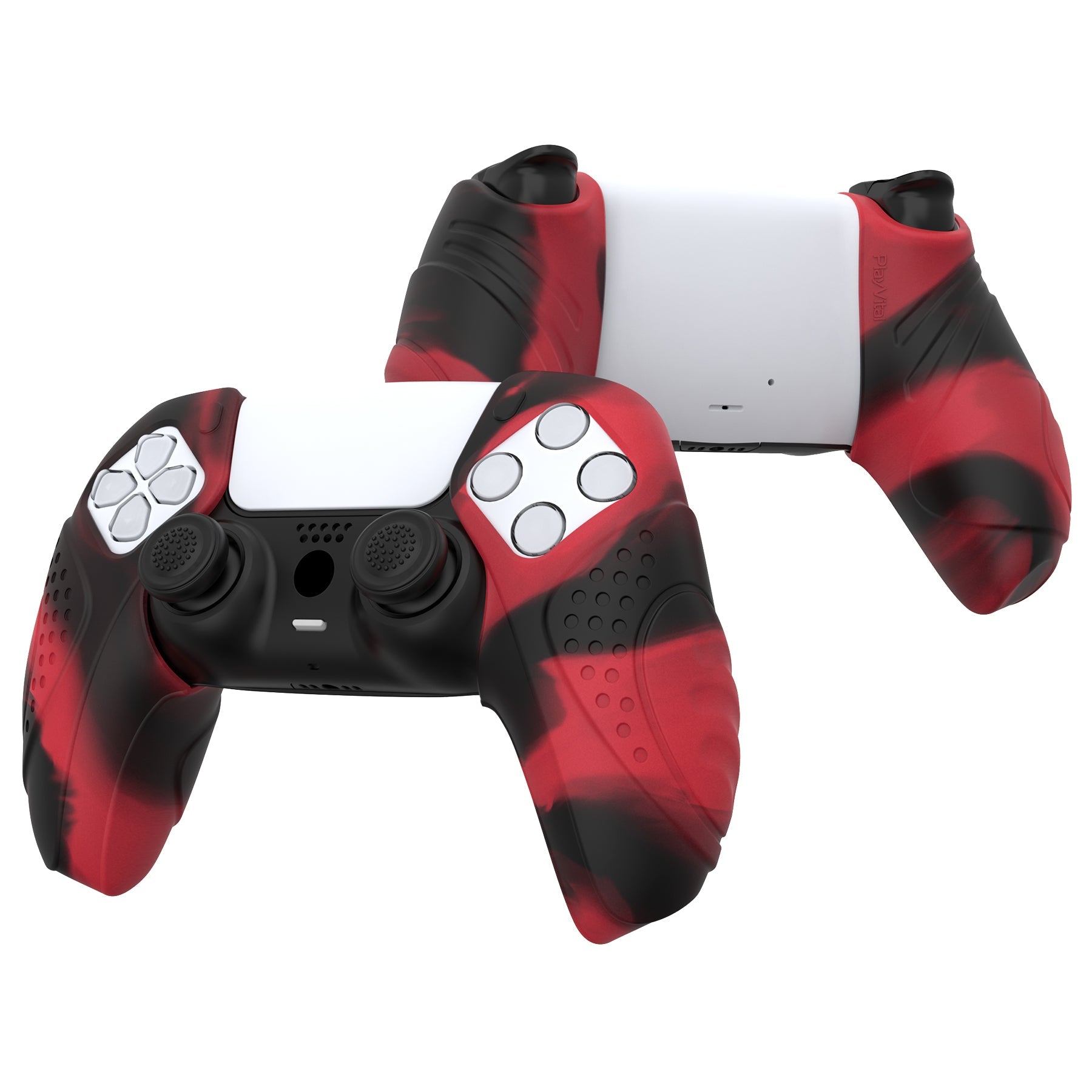 PlayVital Guardian Edition Ergonomic Anti-Slip Silicone Cover Skin with Thumb Grip Caps for PS5 Wireless Controller, Compatible with Charging Station - Red & Black PlayVital