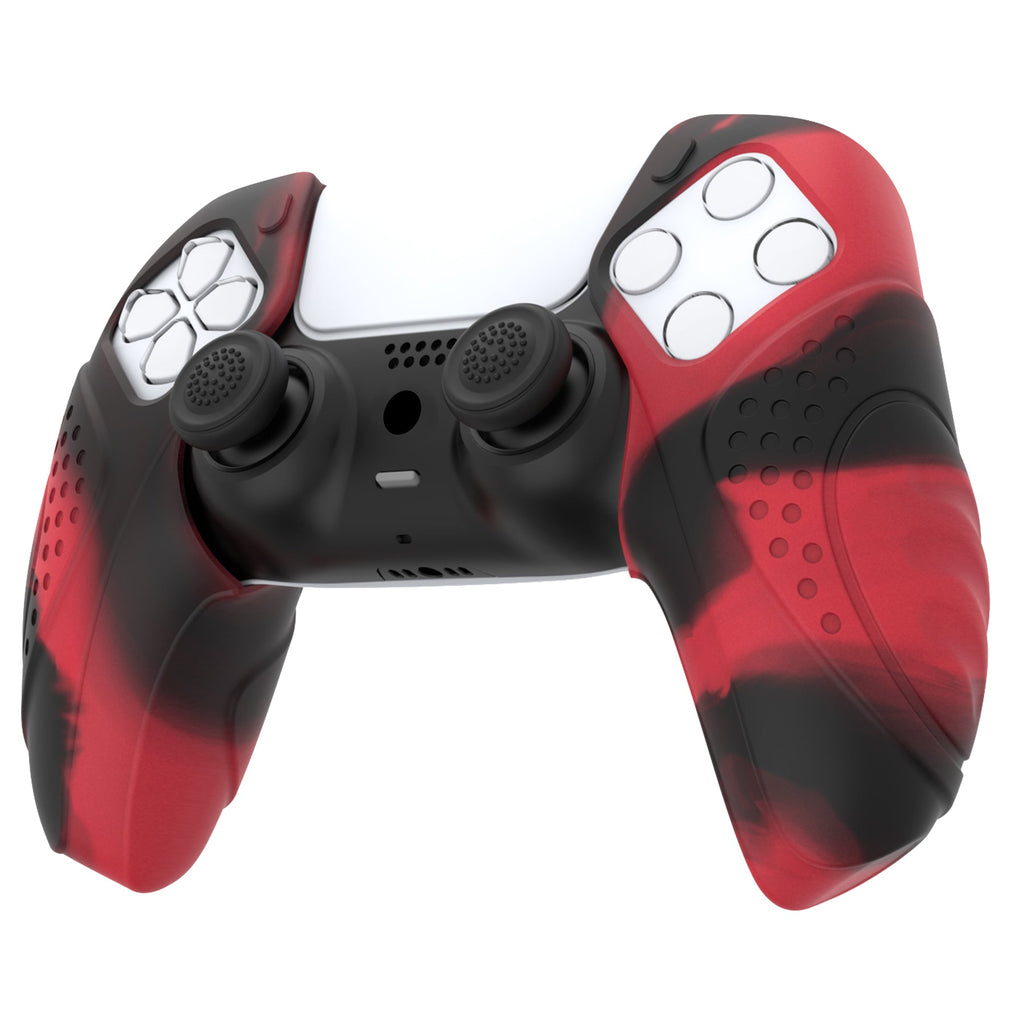 PlayVital Guardian Edition Ergonomic Anti-Slip Silicone Cover Skin with Thumb Grip Caps for PS5 Wireless Controller, Compatible with Charging Station - Red & Black PlayVital