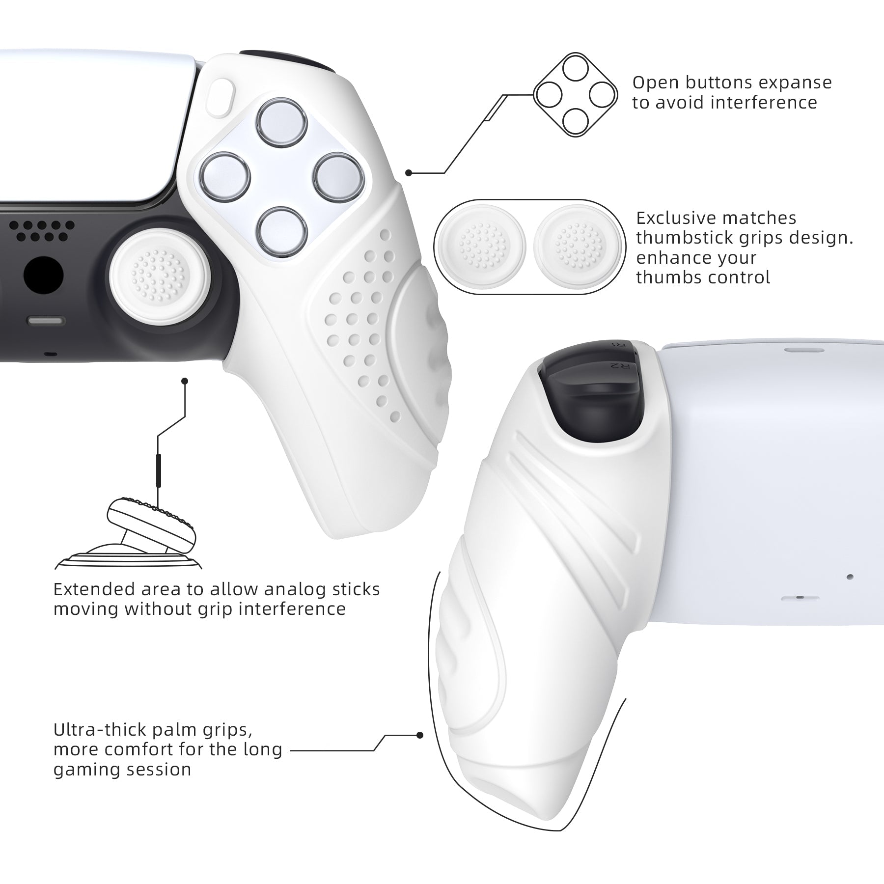 PlayVital Guardian Edition Ergonomic Anti-Slip Silicone Cover Skin with Thumb Grip Caps for PS5 Wireless Controller, Compatible with Charging Station - White PlayVital