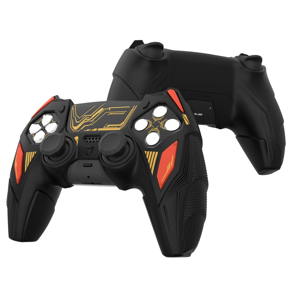 PlayVital Mecha Rhino Silicone Cover for PS5 Controller with Thumb Grips & Stickers, Compatible with Charging Station - Black & Caution Red PlayVital